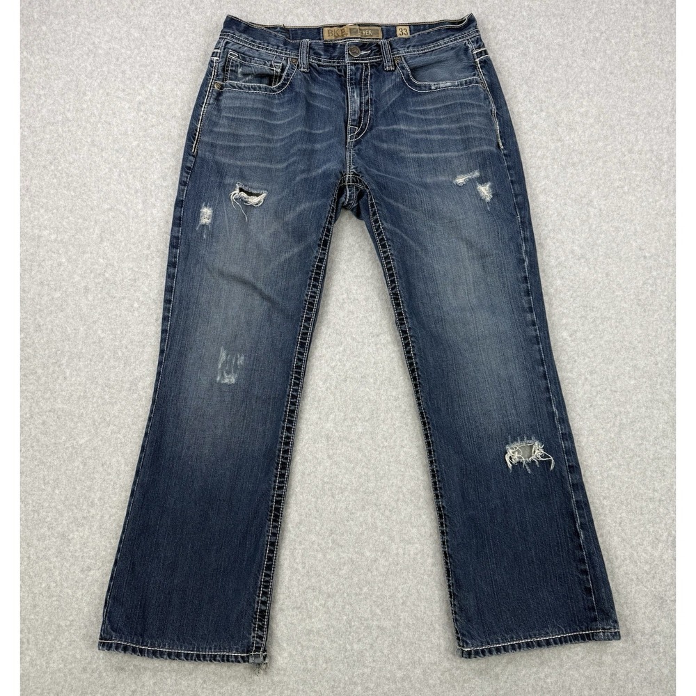 BKE Jeans Mens 33x29 Blue Derek Straight Leg Stretch‎ Western Whiskering Denim